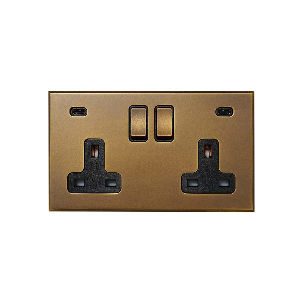 Aged Brass 2 Gang 13A Double Pole Switched Socket 4.8A Type C+C USB Charging with Black Insert  - The Palaces Collection