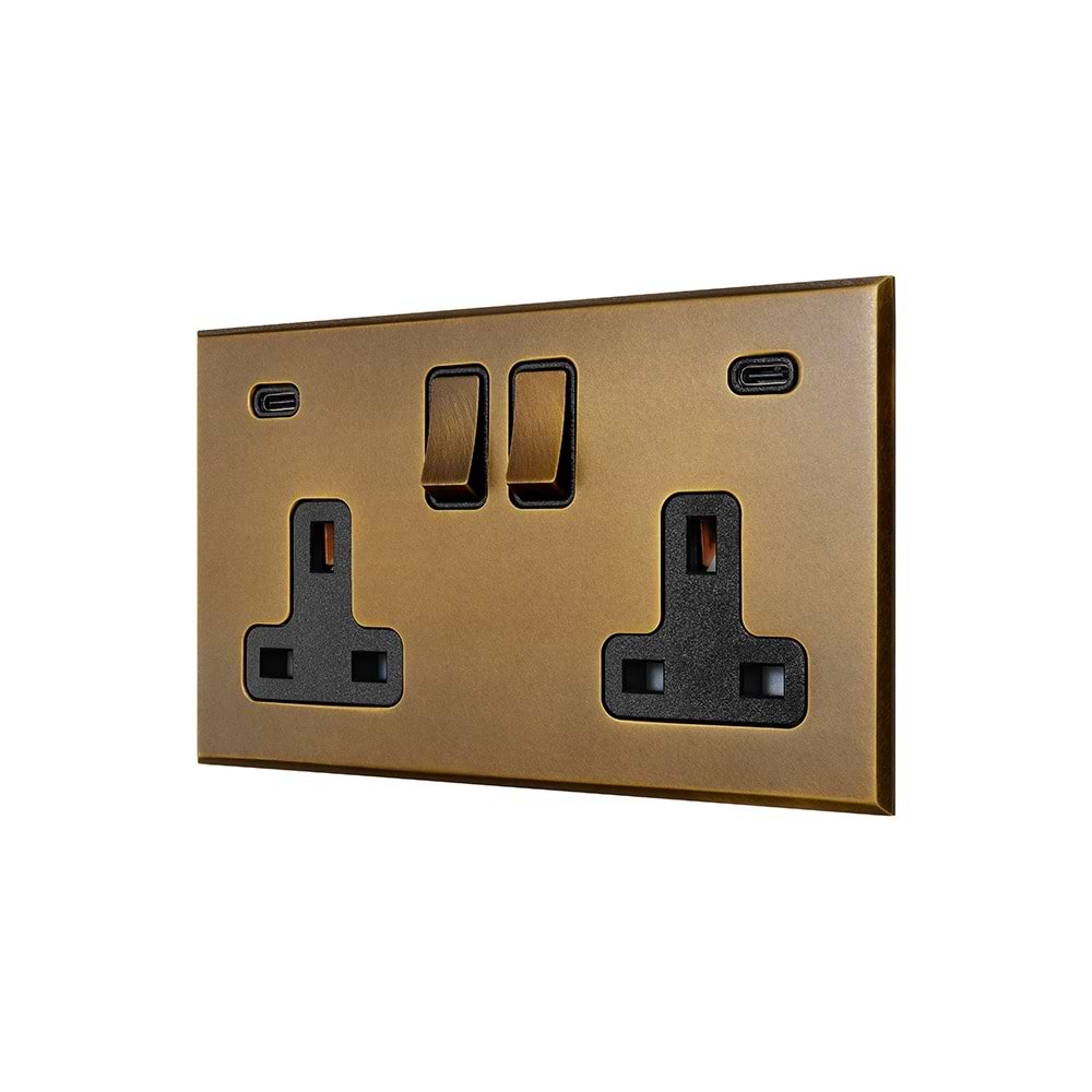 Aged Brass 2 Gang 13A Double Pole Switched Socket 4.8A Type C+C USB Charging with Black Insert  - The Palaces Collection
