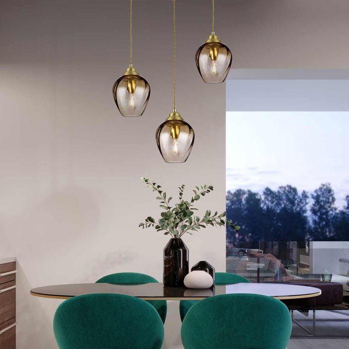 Tiber 1 Light Pendant - Brushed Brass / Amber Glass