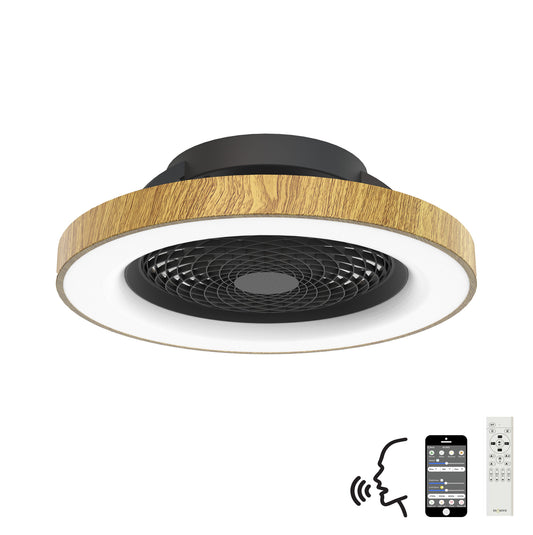 Tibet 70W LED Dimmable Ceiling Light With 35W DC Reversible Fan Remote, APP & Alexa/Google Voice, 3900lm, Wood Effect/Black, 5yrs Warranty by Mantra