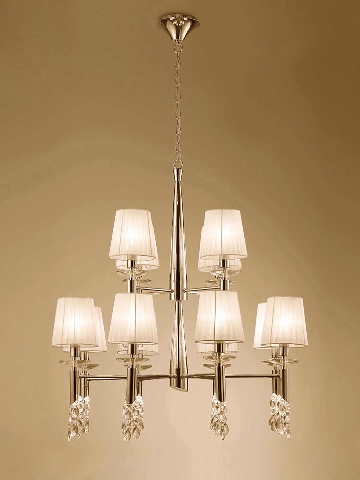 Tiffany Pendant 2 Tier 12+12 Light E14+G9, French Gold With Cream Shades & Clear Crystal by Mantra