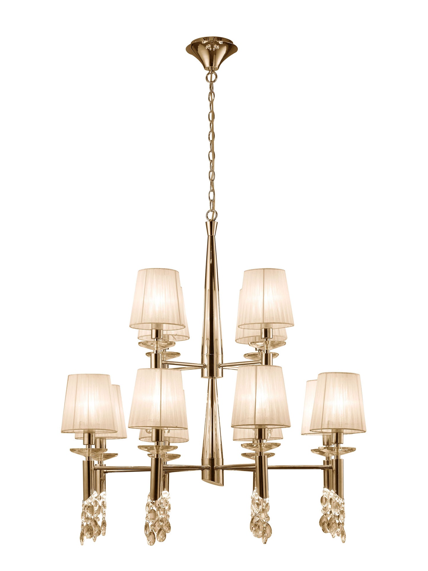 Tiffany Pendant 2 Tier 12+12 Light E14+G9, French Gold With Cream Shades & Clear Crystal by Mantra