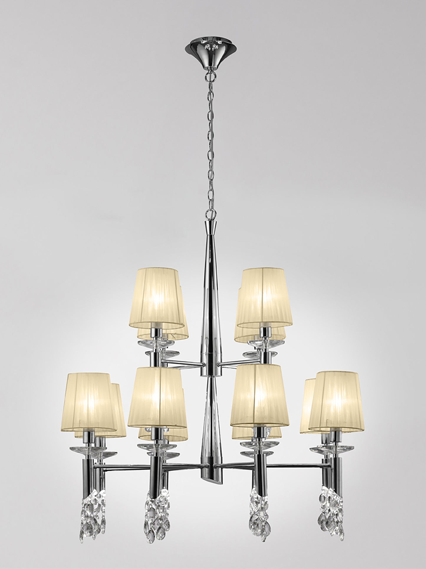 Tiffany Pendant 2 Tier 12+12 Light E14+G9, Polished Chrome With Cream Shades & Clear Crystal by Mantra