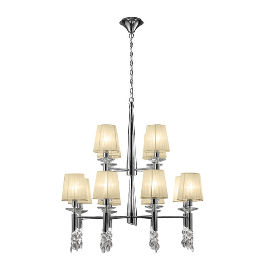 Tiffany Pendant 2 Tier 12+12 Light E14+G9, Polished Chrome With Cream Shades & Clear Crystal by Mantra