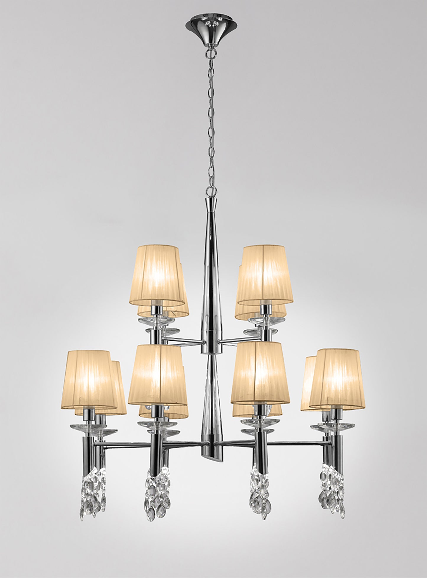 Tiffany Pendant 2 Tier 12+12 Light E14+G9, Polished Chrome With Soft Bronze Shades & Clear Crystal by Mantra