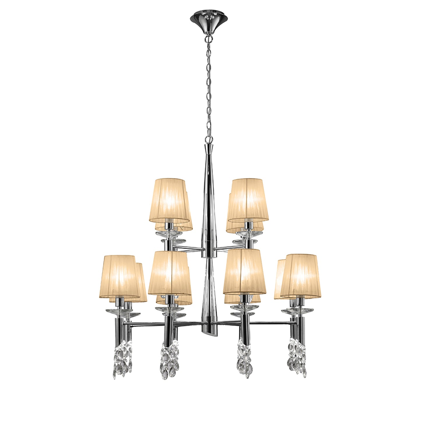 Tiffany Pendant 2 Tier 12+12 Light E14+G9, Polished Chrome With Soft Bronze Shades & Clear Crystal by Mantra