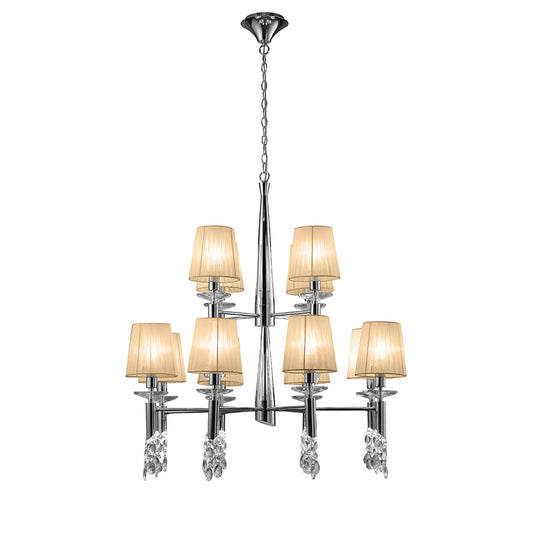 Tiffany Pendant 2 Tier 12+12 Light E14+G9, Polished Chrome With Soft Bronze Shades & Clear Crystal by Mantra