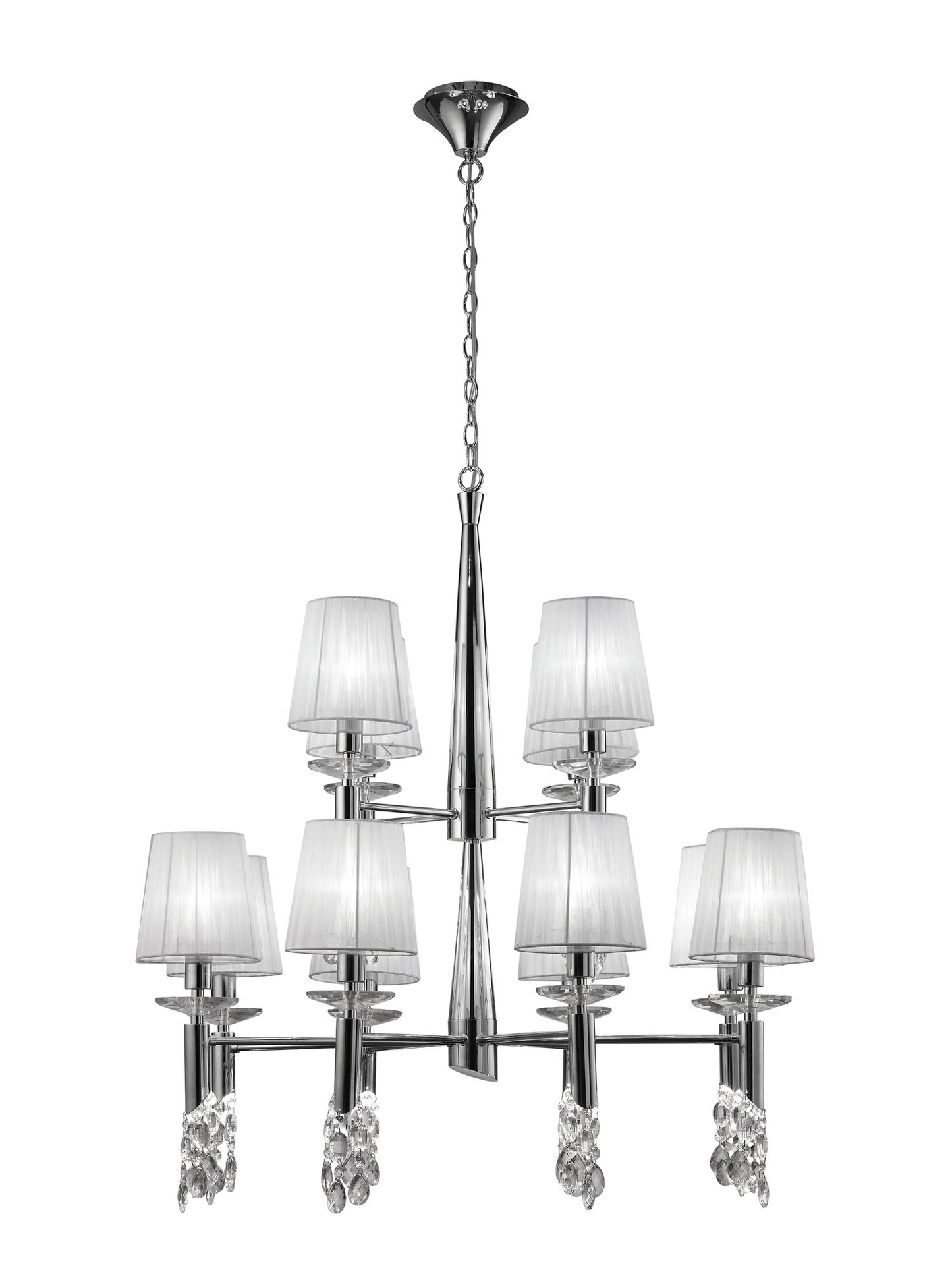 Tiffany Pendant 2 Tier 12+12 Light E14+G9, Polished Chrome With White Shades & Clear Crystal by Mantra