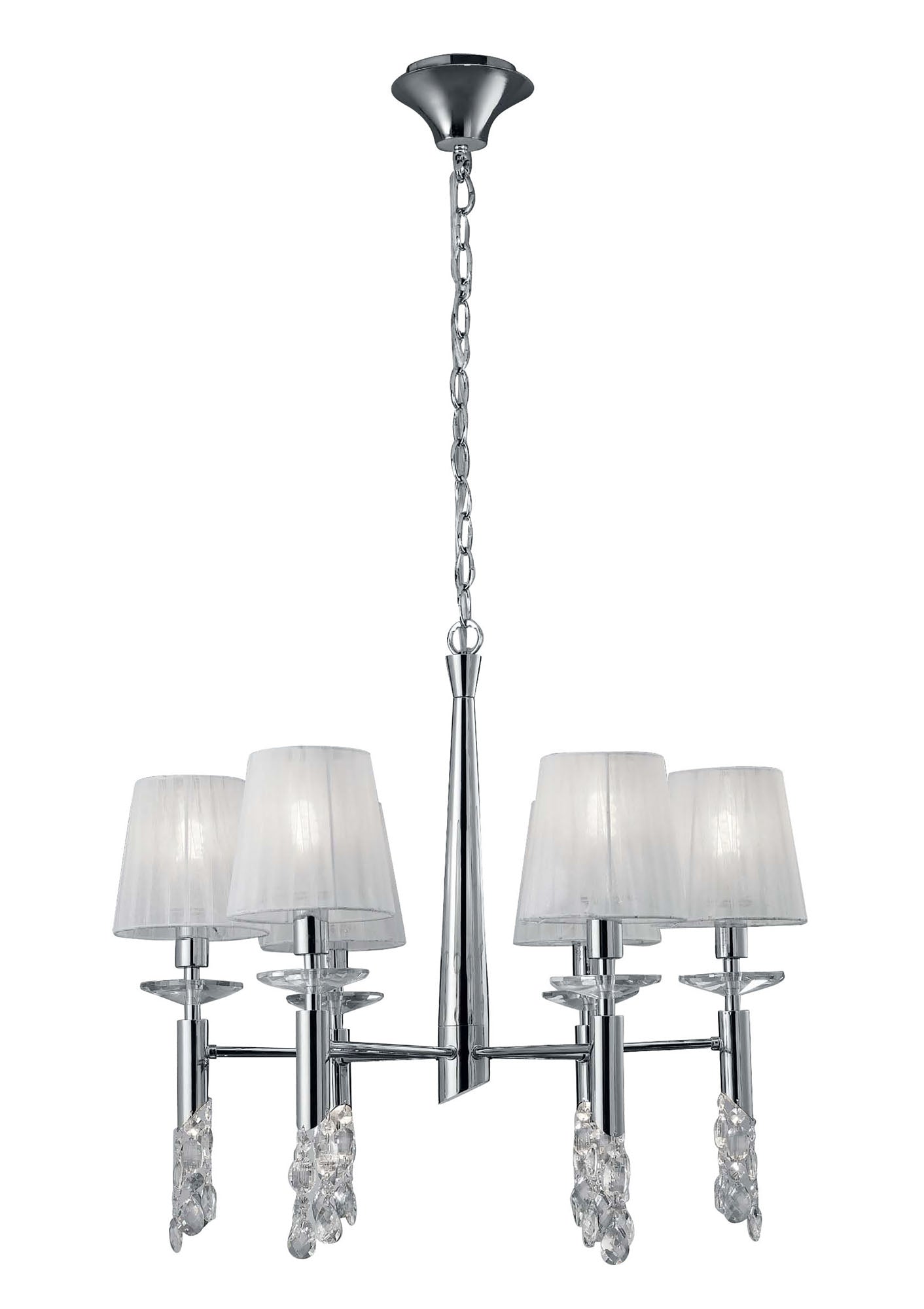 Tiffany Pendant 6+6 Light E14+G9, Polished Chrome With White Shades & Clear Crystal by Mantra