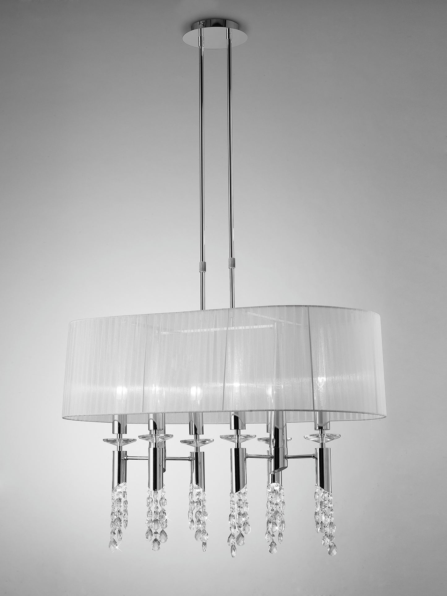 Tiffany Pendant 6+6 Light E27+G9 Oval, Polished Chrome With White Shade & Clear Crystal by Mantra