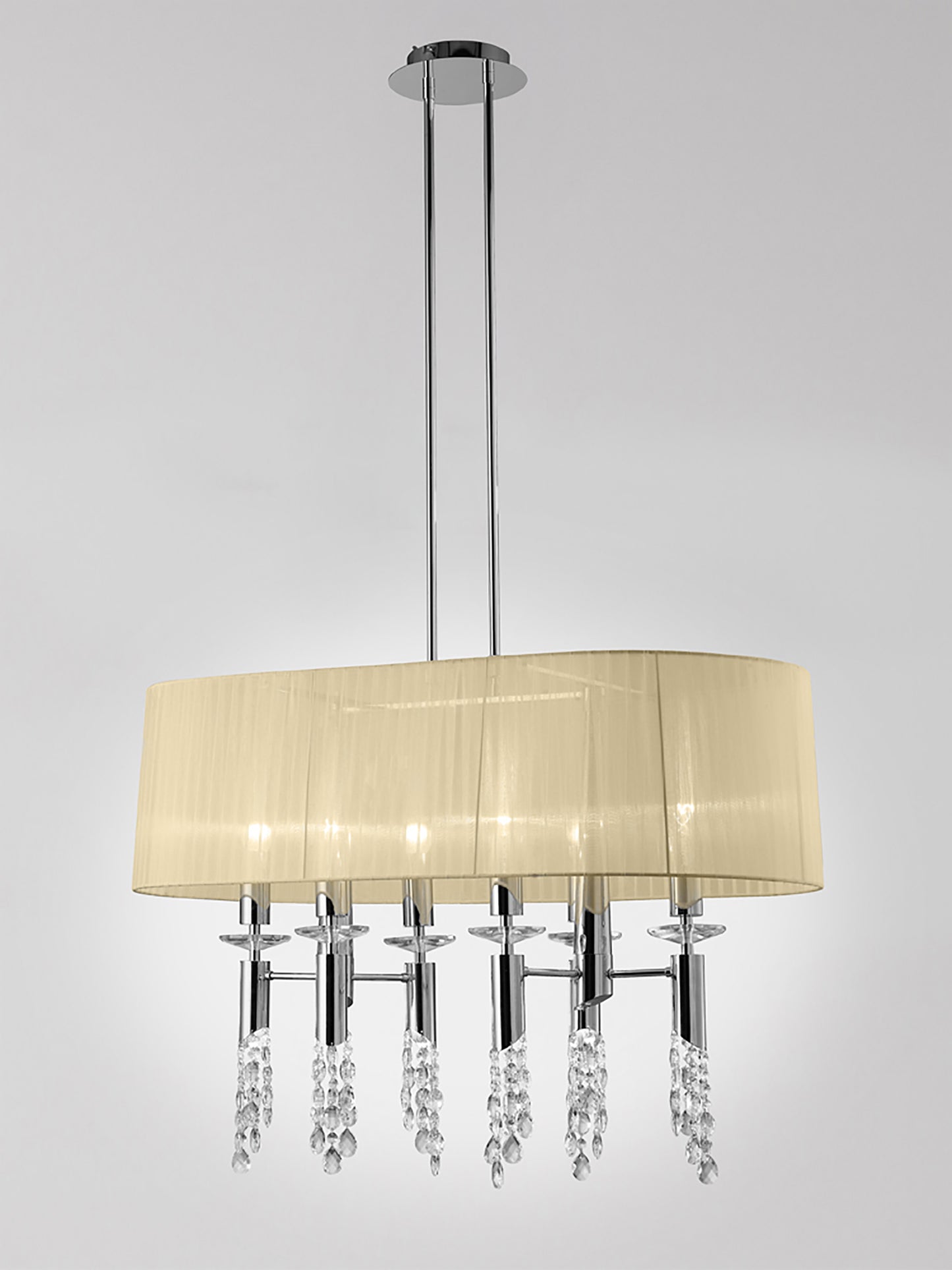 Tiffany Pendant 6+6 Light E27+G9 Oval, Polished Chrome With Cream Shade & Clear Crystal by Mantra