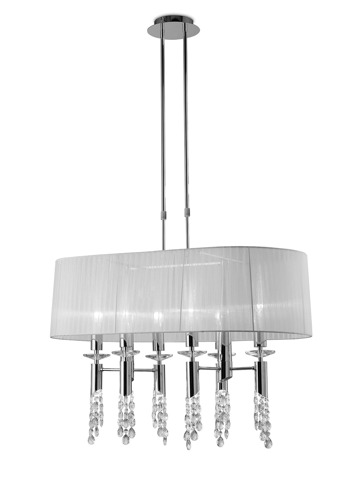 Tiffany Pendant 6+6 Light E27+G9 Oval, Polished Chrome With White Shade & Clear Crystal by Mantra