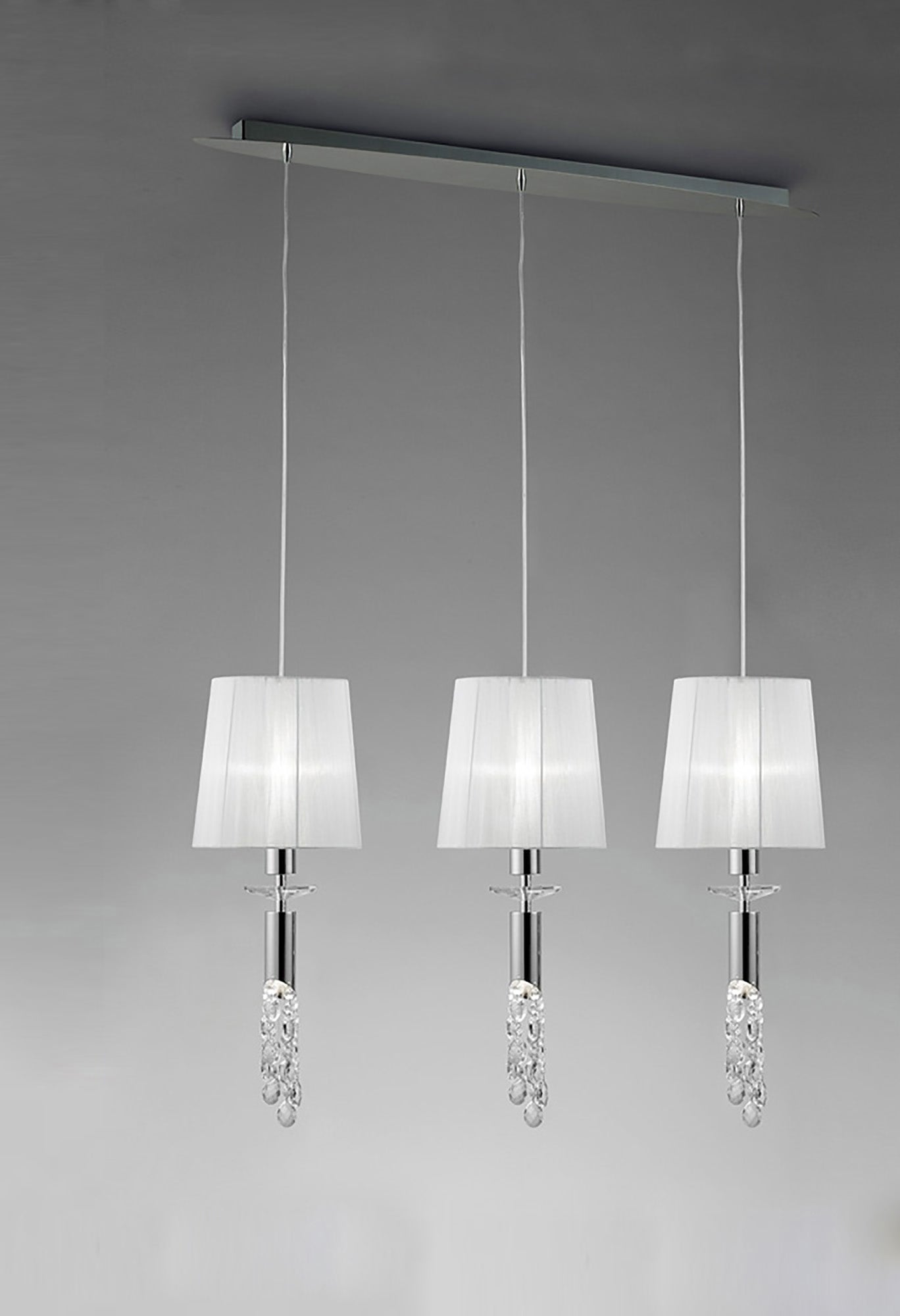 Tiffany Linear Pendant 3+3 Light E27+G9 Line, Polished Chrome With White Shades & Clear Crystal by Mantra