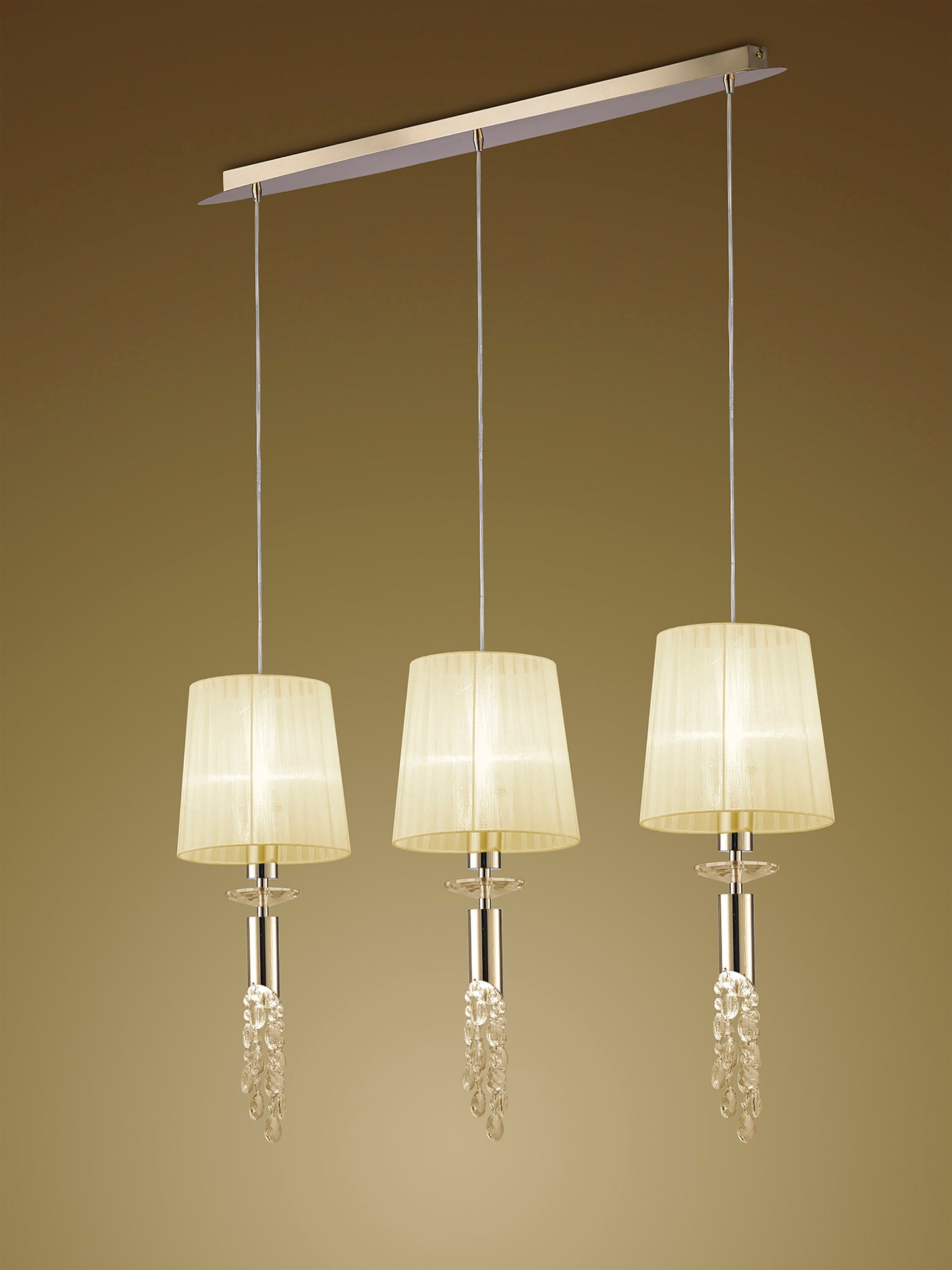 Tiffany Linear Pendant 3+3 Light E27+G9 Line, French Gold With Cream Shades & Clear Crystal by Mantra