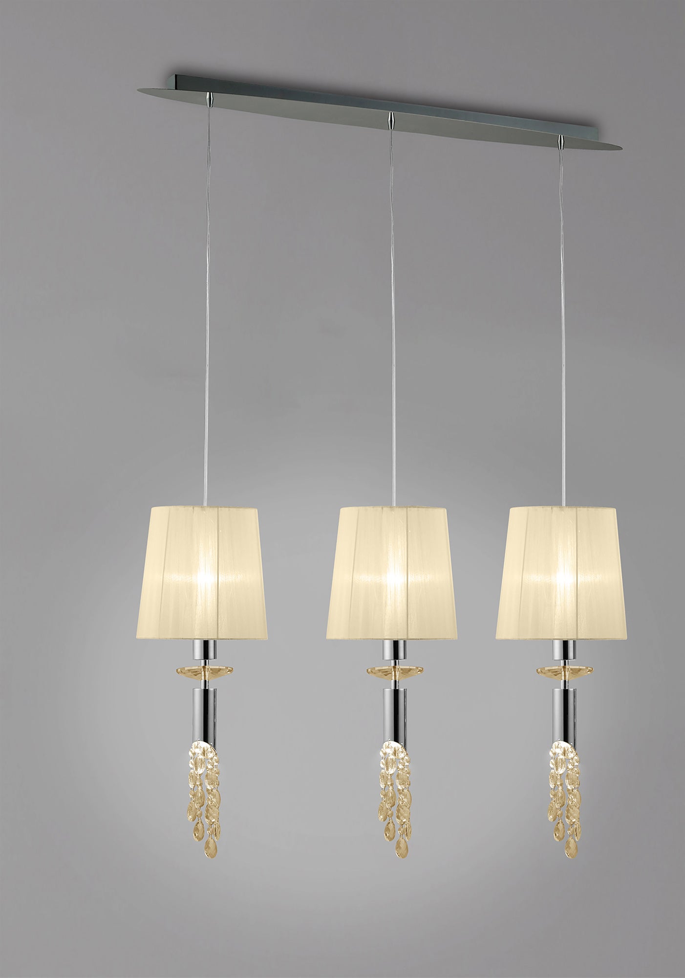 Tiffany Linear Pendant 3+3 Light E27+G9 Line, Polished Chrome With Cream Shades & Clear Crystal by Mantra