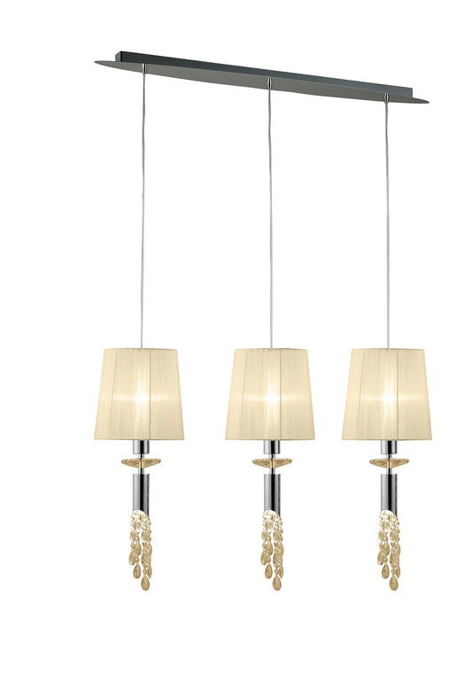 Tiffany Linear Pendant 3+3 Light E27+G9 Line, Polished Chrome With Cream Shades & Clear Crystal by Mantra