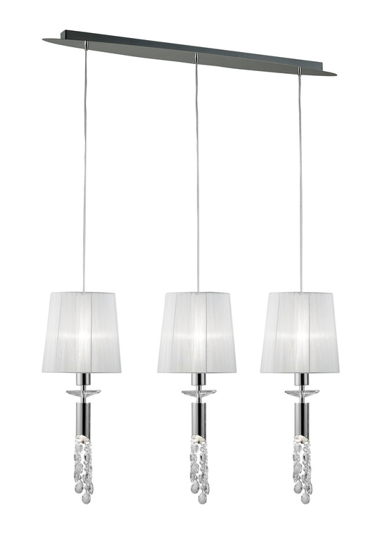 Tiffany Linear Pendant 3+3 Light E27+G9 Line, Polished Chrome With White Shades & Clear Crystal by Mantra