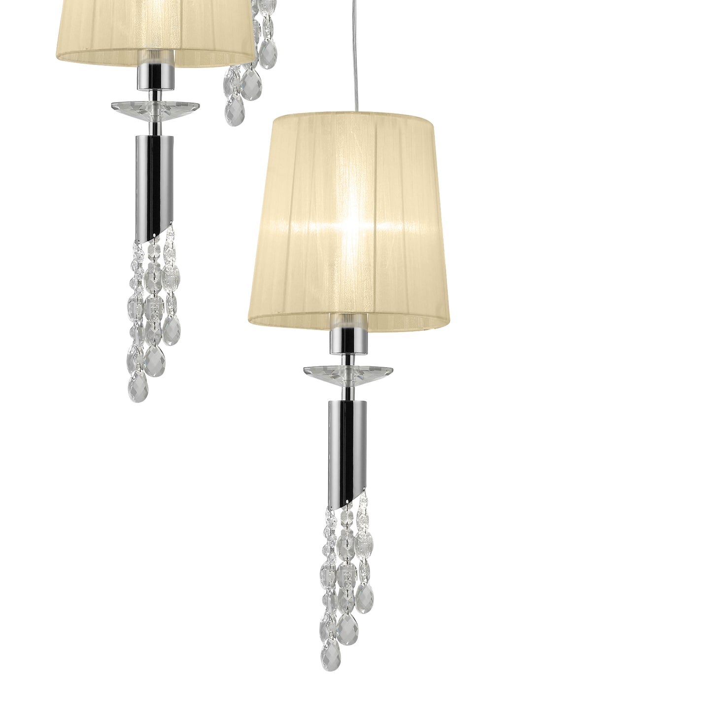 Tiffany Pendant 5+5 Light E27+G9 Spiral, Polished Chrome With Cream Shades & Clear Crystal by Mantra