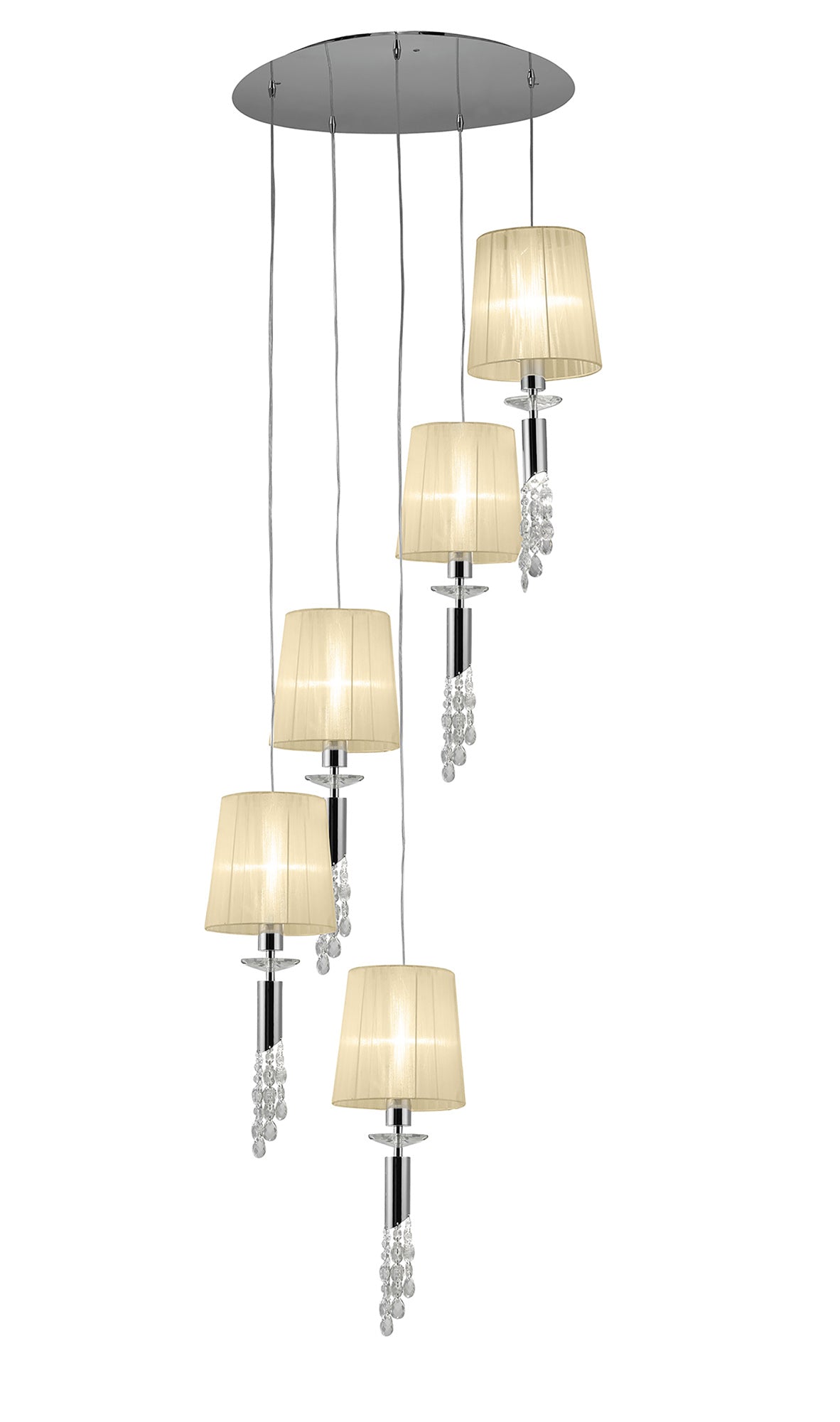 Tiffany Pendant 5+5 Light E27+G9 Spiral, Polished Chrome With Cream Shades & Clear Crystal by Mantra