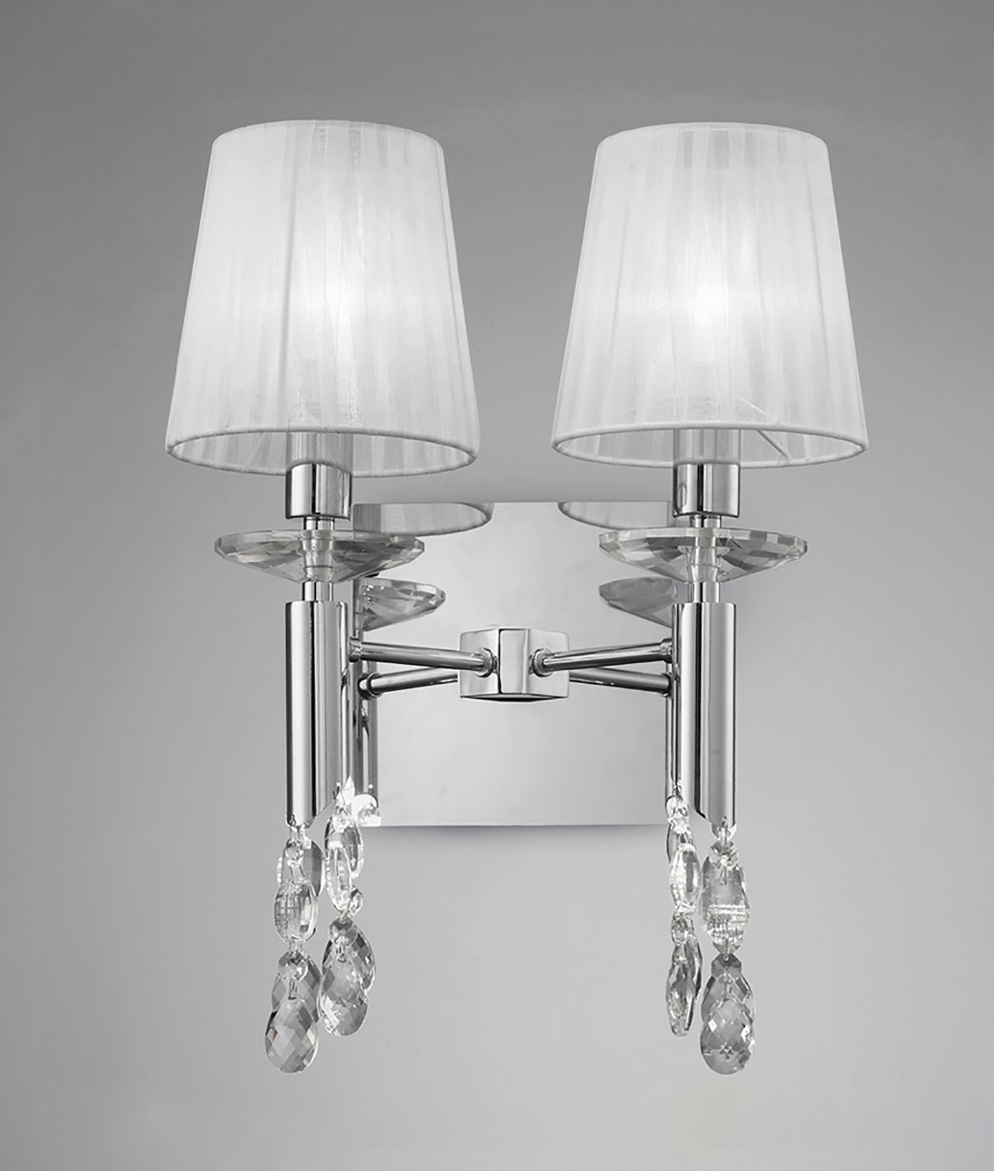 Tiffany Wall Lamp Switched 2+2 Light E14+G9, Polished Chrome With White Shades & Clear Crystal by Mantra