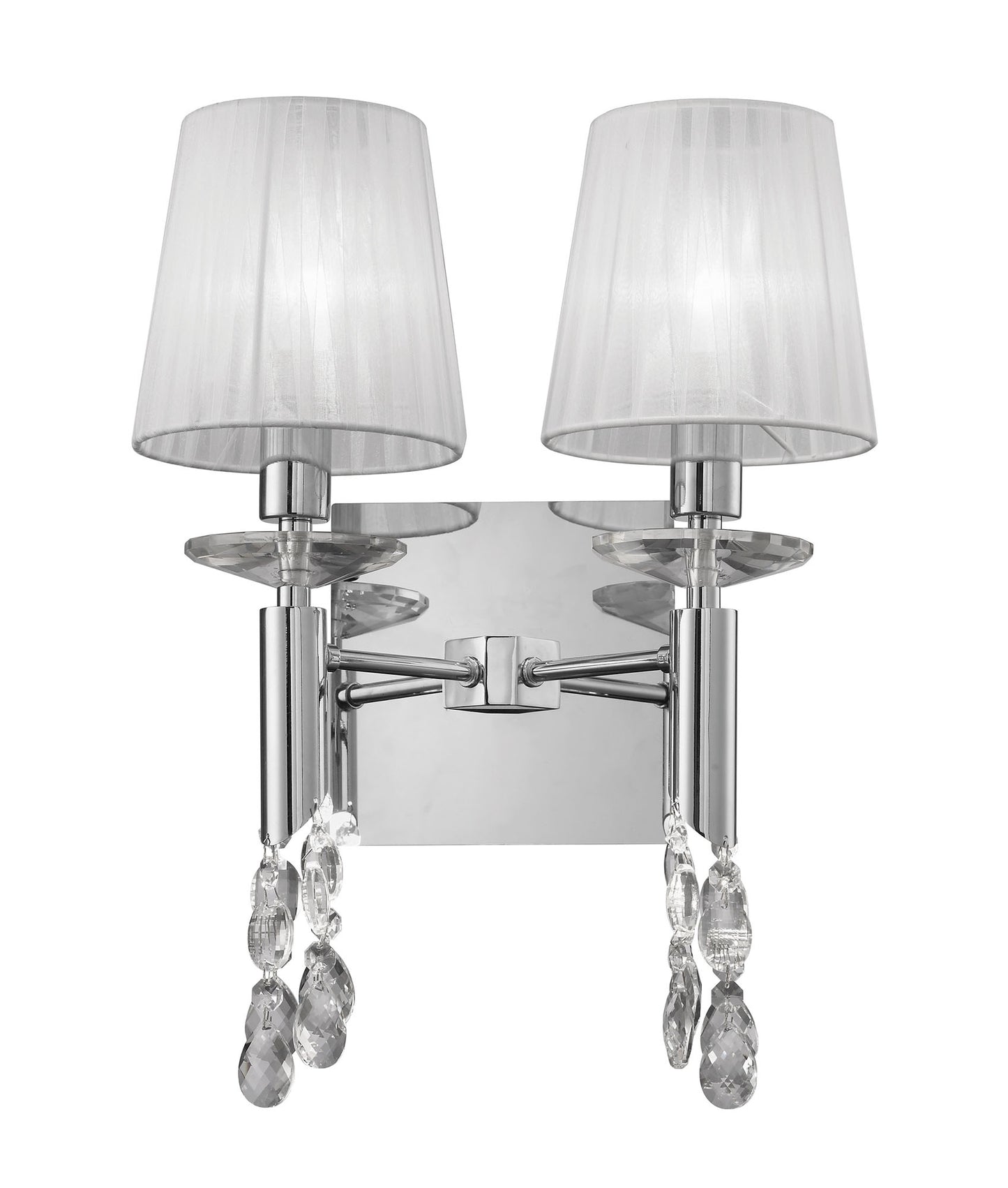 Tiffany Wall Lamp Switched 2+2 Light E14+G9, Polished Chrome With White Shades & Clear Crystal by Mantra