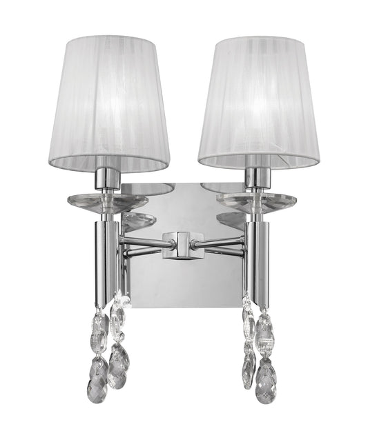 Tiffany Wall Lamp Switched 2+2 Light E14+G9, Polished Chrome With White Shades & Clear Crystal by Mantra