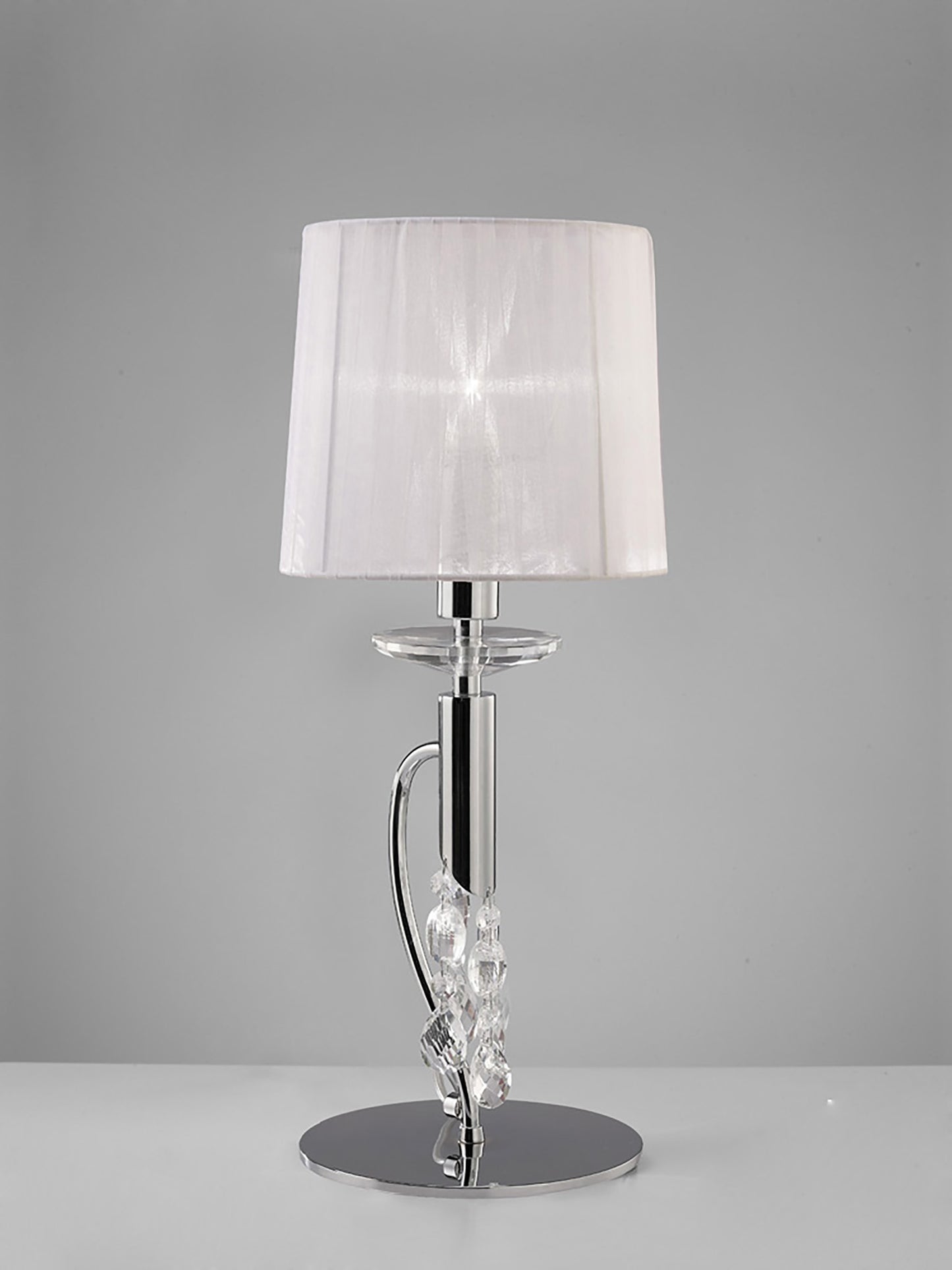 Tiffany Table Lamp 1+1 Light E14+G9, Polished Chrome With White Shade & Clear Crystal by Mantra