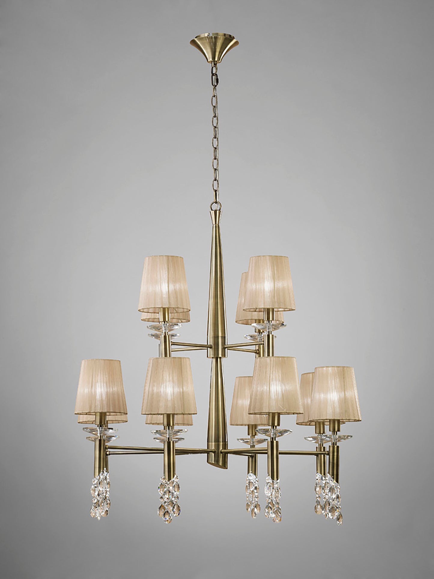 Tiffany Pendant 2 Tier 12+12 Light E14+G9, Antique Brass With Soft Bronze Shades & Clear Crystal by Mantra