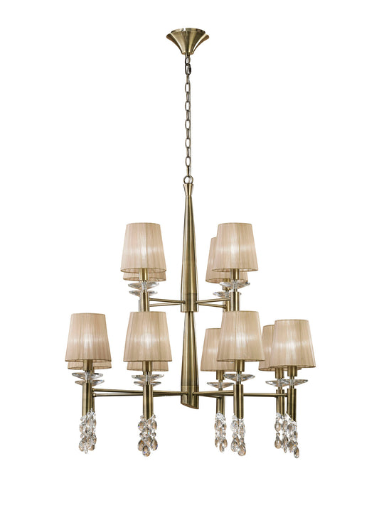 Tiffany Pendant 2 Tier 12+12 Light E14+G9, Antique Brass With Soft Bronze Shades & Clear Crystal by Mantra