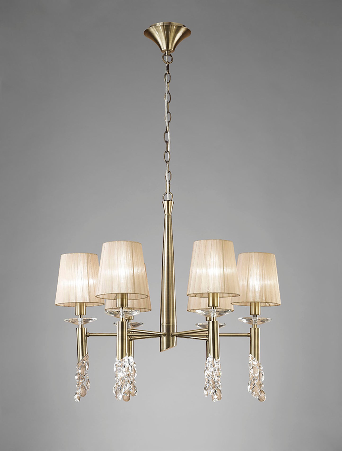 Tiffany Pendant 6+6 Light E14+G9, Antique Brass With Soft Bronze Shades & Clear Crystal by Mantra