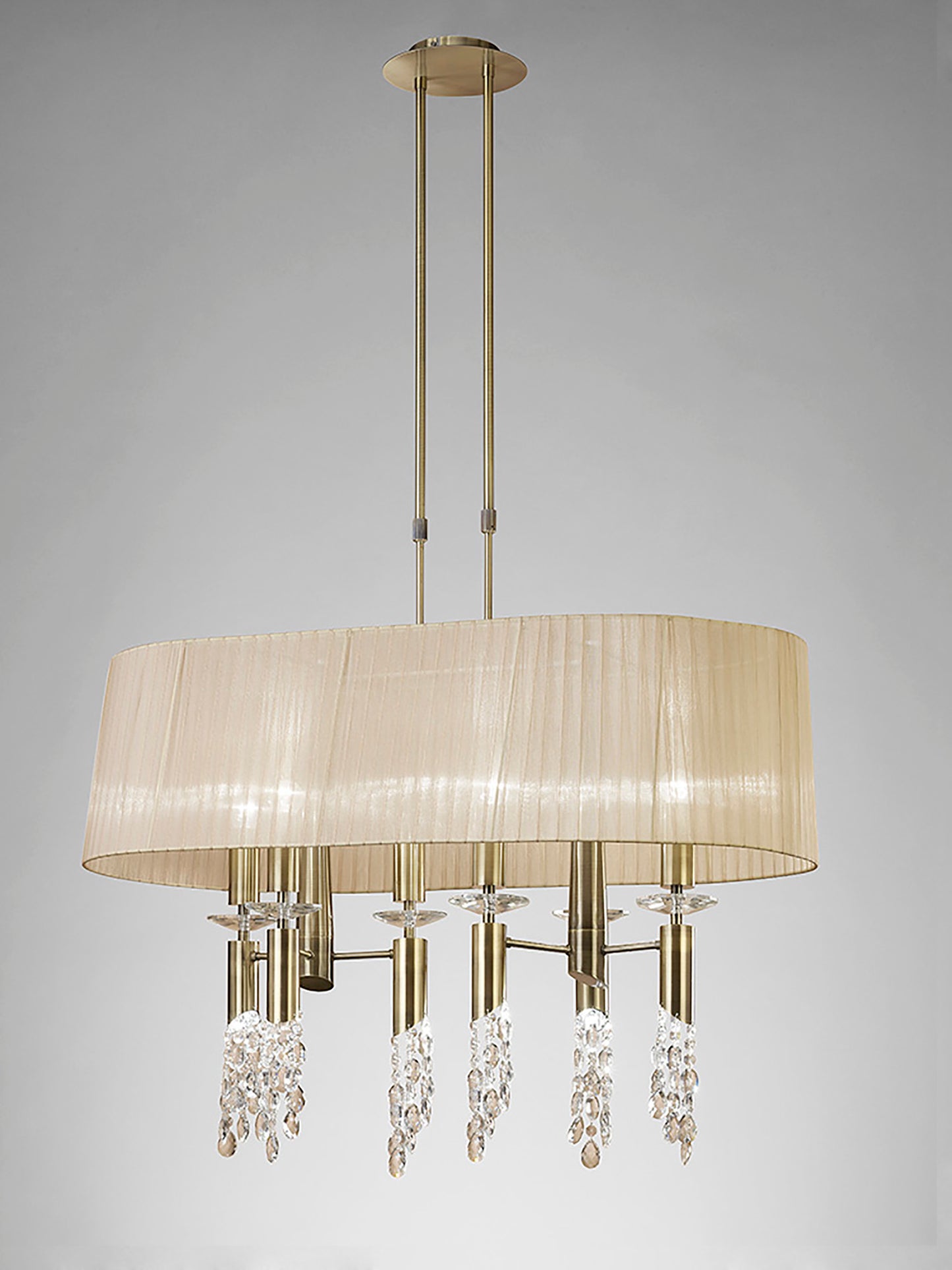 Tiffany Pendant 6+6 Light E27+G9 Oval, Antique Brass With Soft Bronze Shade & Clear Crystal by Mantra