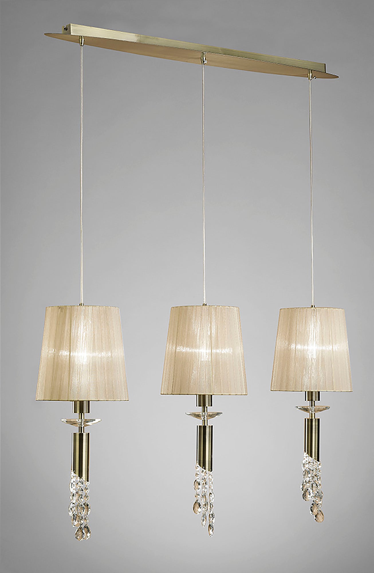 Tiffany Linear Pendant 3+3 Light E27+G9 Line, Antique Brass With Soft Bronze Shades & Clear Crystal by Mantra