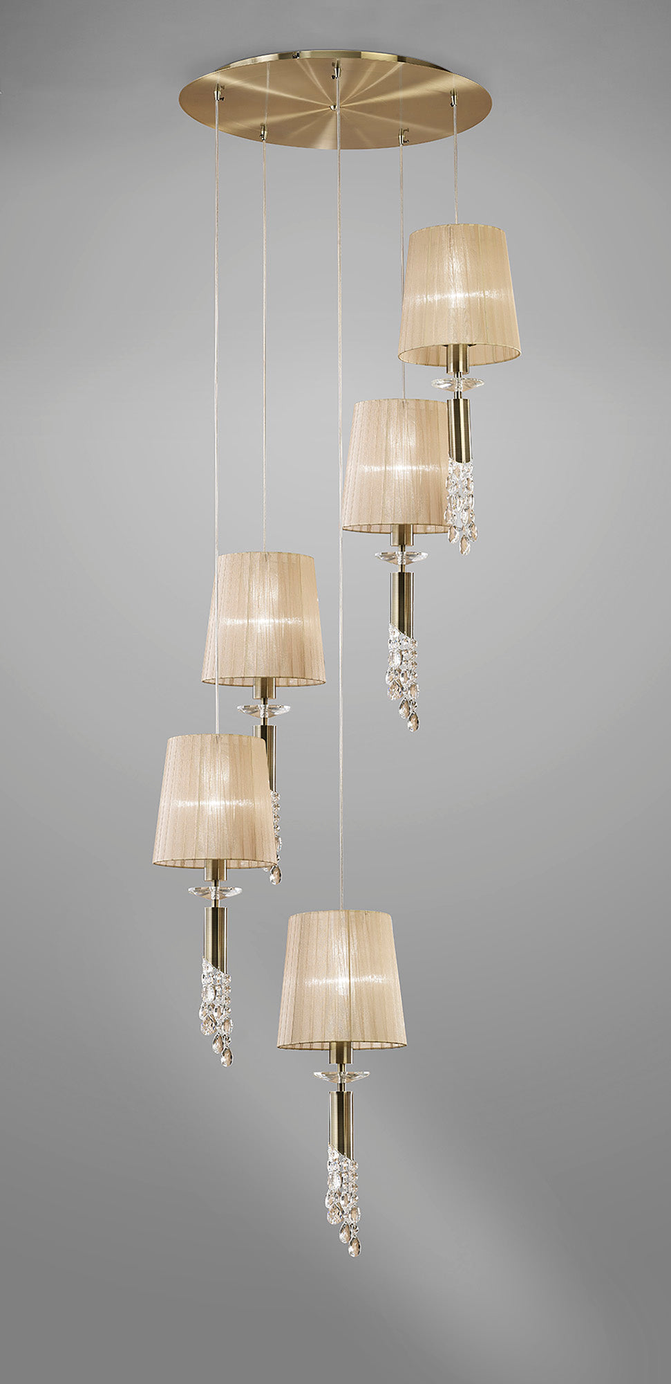 Tiffany Pendant 5+5 Light E27+G9 Spiral, Antique Brass With Soft Bronze Shades & Clear Crystal by Mantra