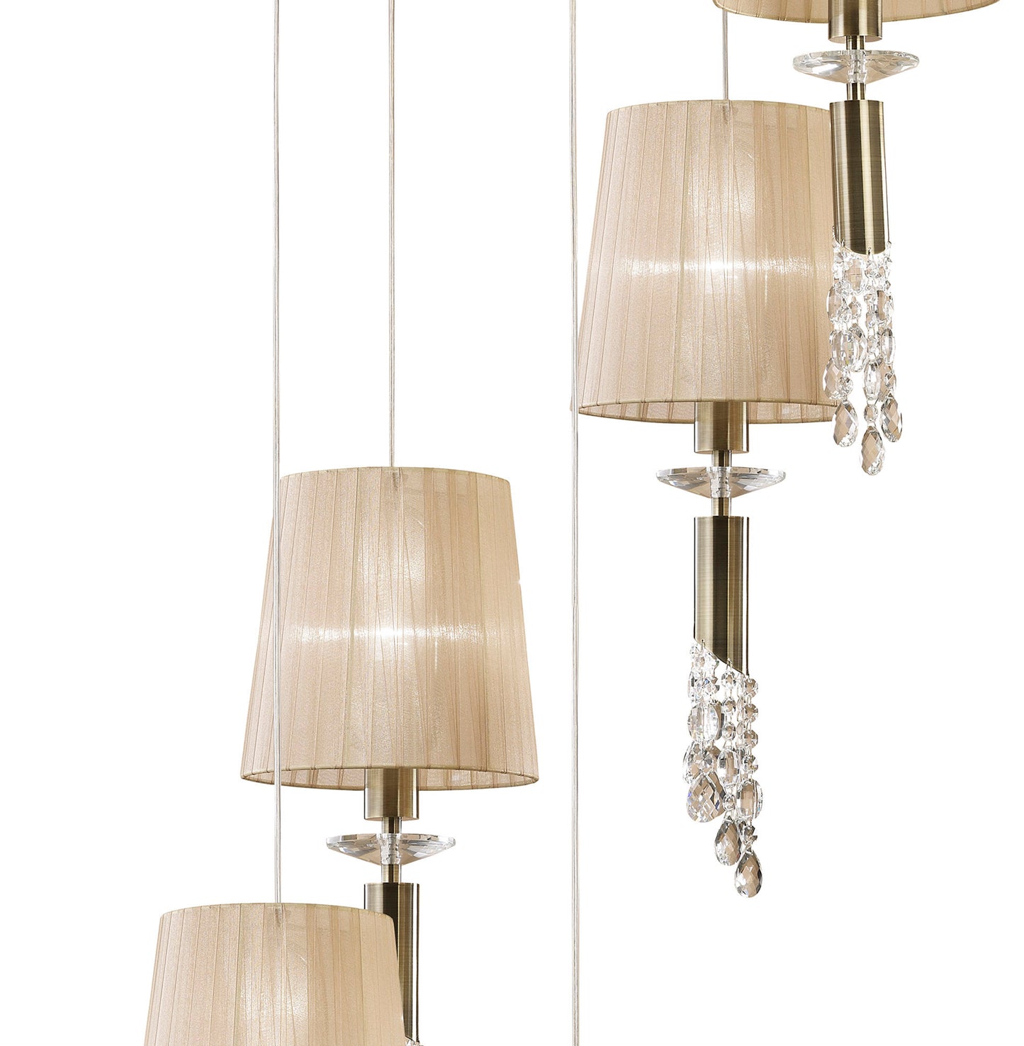 Tiffany Pendant 5+5 Light E27+G9 Spiral, Antique Brass With Soft Bronze Shades & Clear Crystal by Mantra