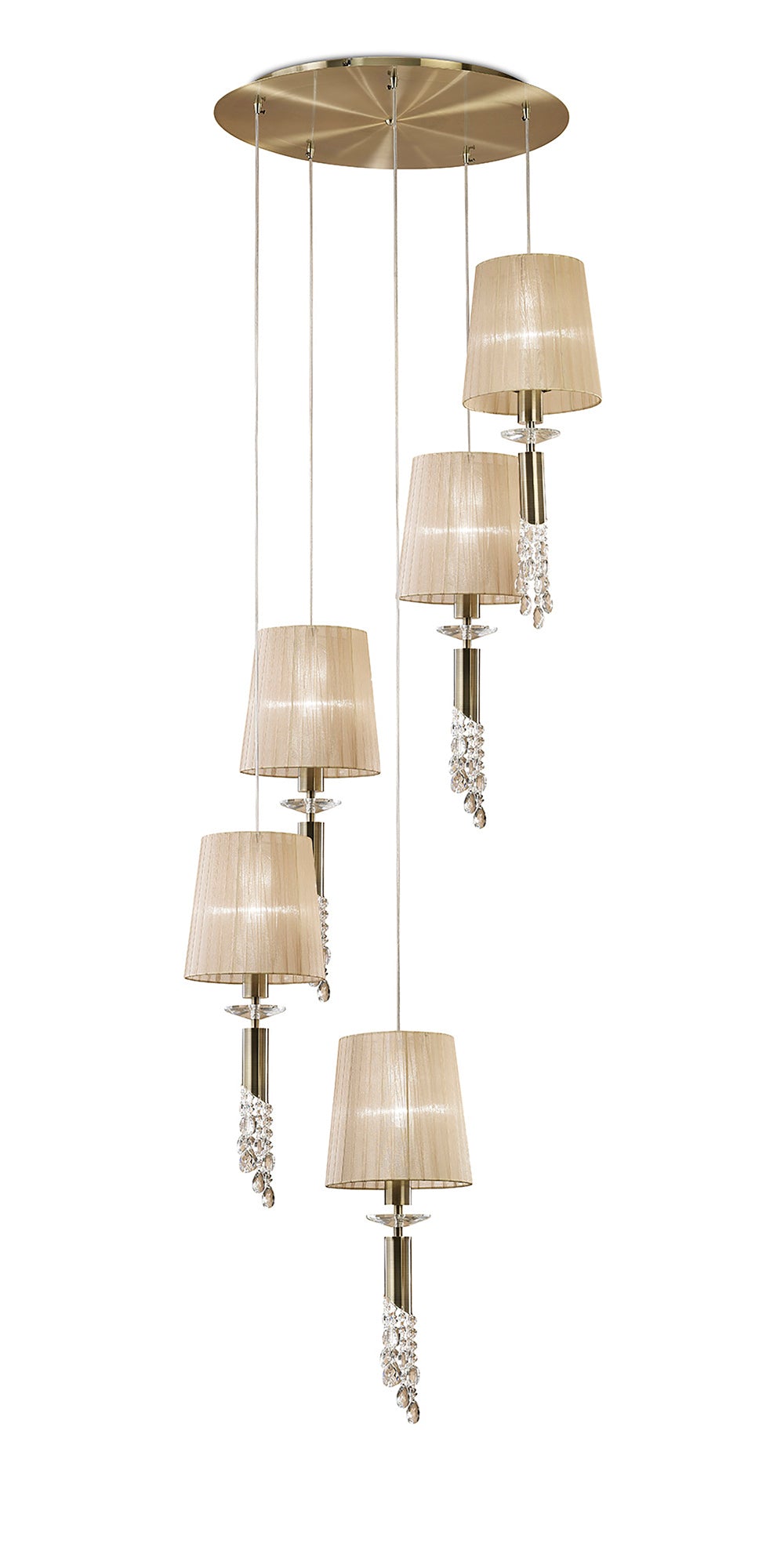 Tiffany Pendant 5+5 Light E27+G9 Spiral, Antique Brass With Soft Bronze Shades & Clear Crystal by Mantra