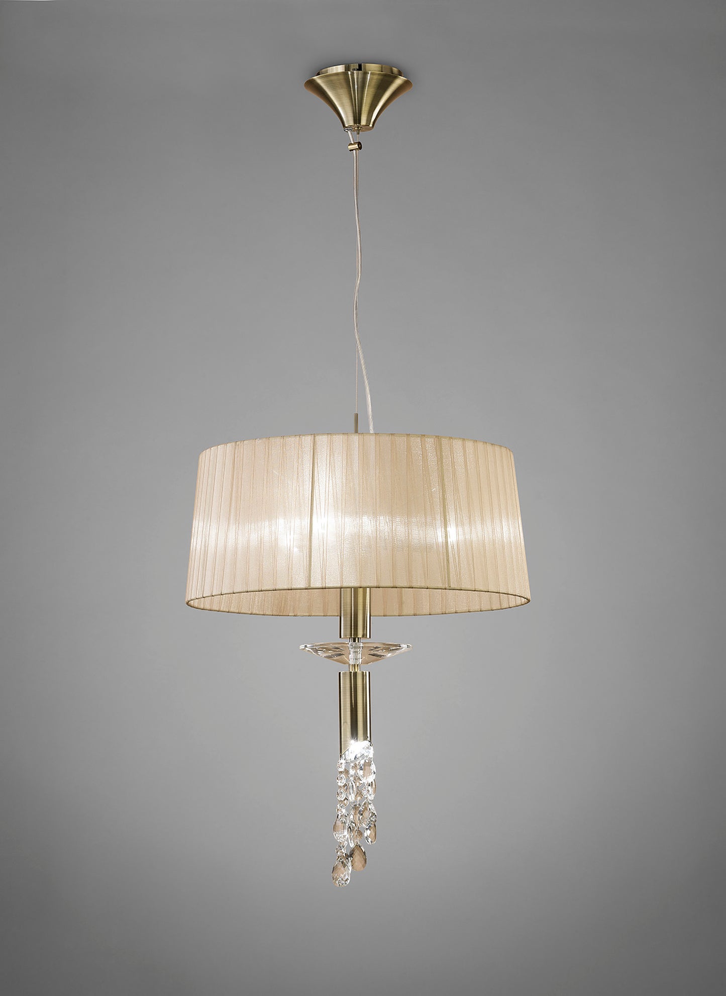 Tiffany Pendant 3+1 Light E27+G9, Antique Brass With Soft Bronze Shade & Clear Crystal by Mantra