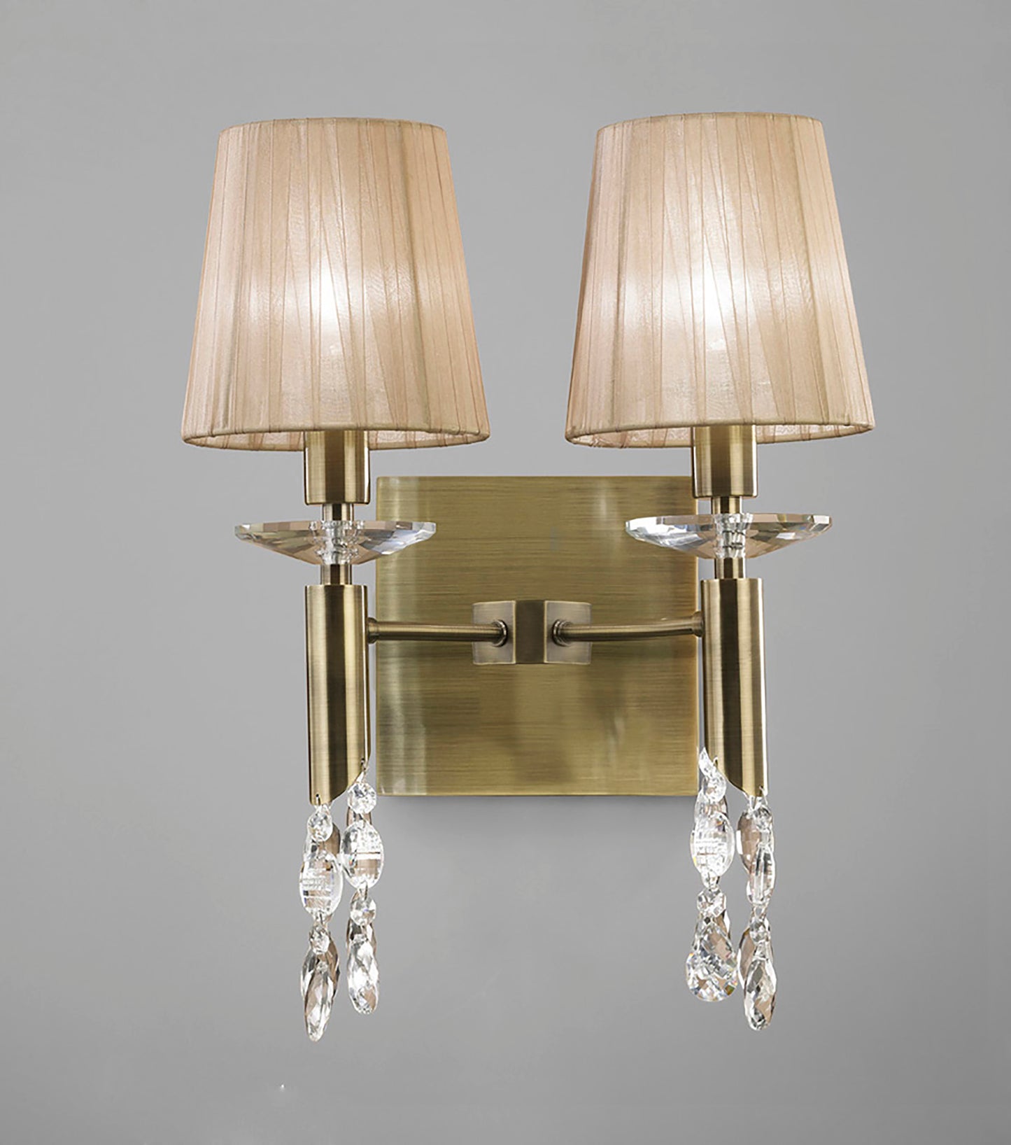 Tiffany Wall Lamp 2+2 Light E14 With Soft Bronze Shades Antique Brass/Crystal by Mantra