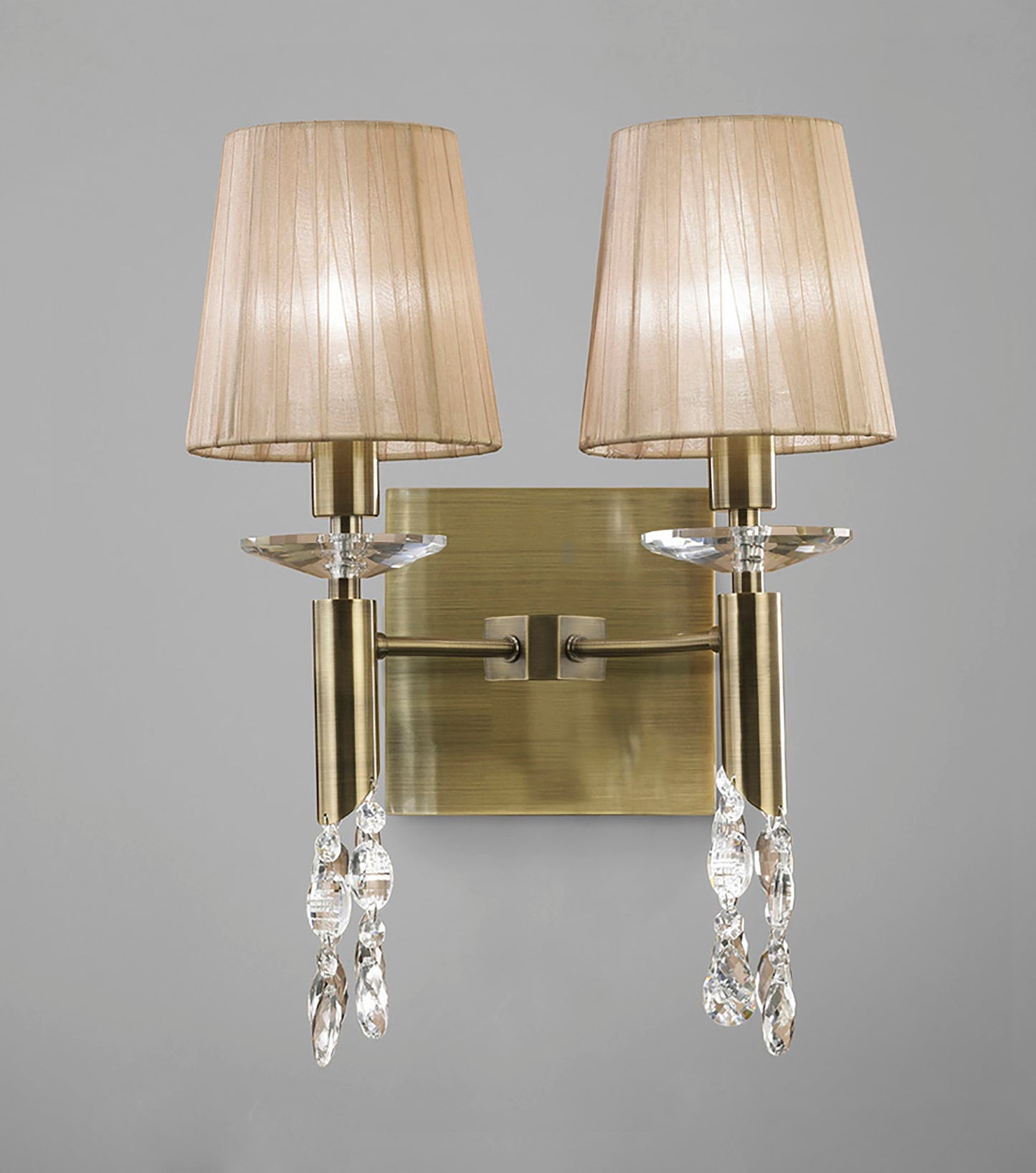 Tiffany Wall Lamp Switched 2+2 Light E14+G9, Antique Brass With Soft Bronze Shades & Clear Crystal by Mantra