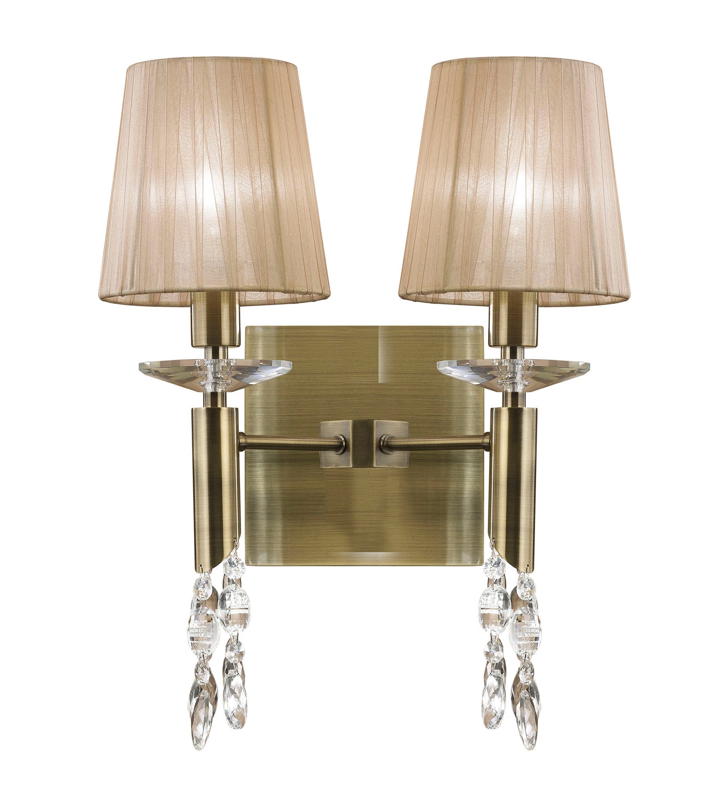 Tiffany Wall Lamp Switched 2+2 Light E14+G9, Antique Brass With Soft Bronze Shades & Clear Crystal by Mantra