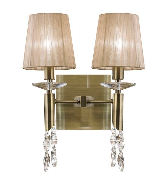 Tiffany Wall Lamp Switched 2+2 Light E14+G9, Antique Brass With Soft Bronze Shades & Clear Crystal by Mantra