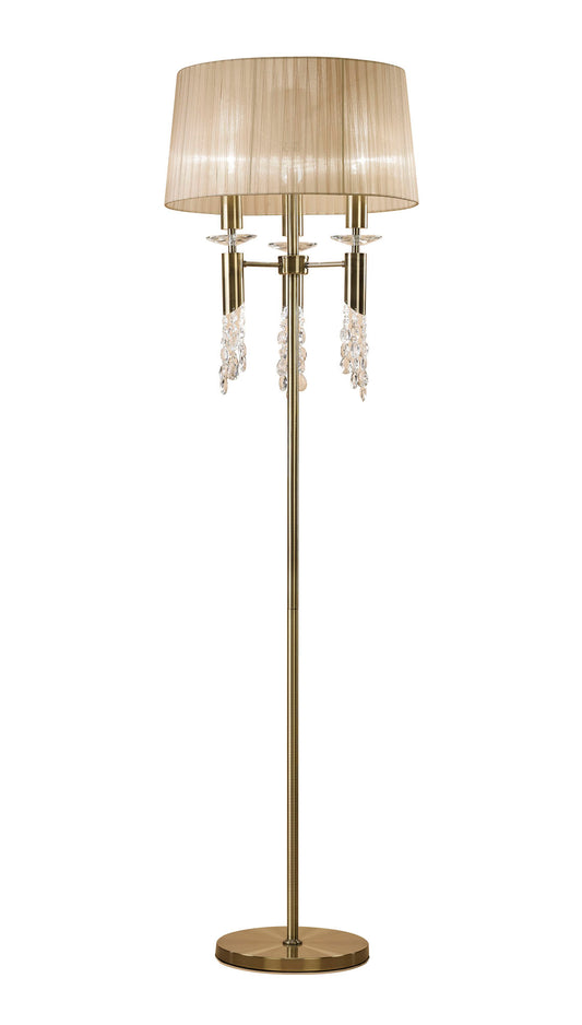 Tiffany Floor Lamp 3+3 Light E27+G9, Antique Brass With Soft Bronze Shade & Clear Crystal by Mantra