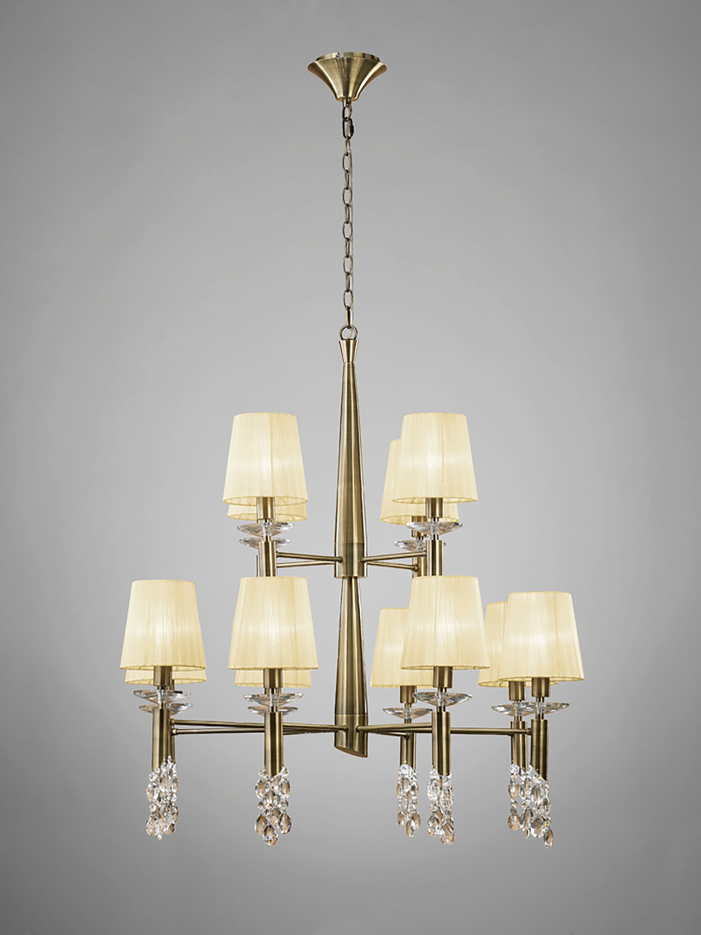 Tiffany Pendant 2 Tier 12+12 Light E14+G9, Antique Brass With Cream Shades & Clear Crystal by Mantra