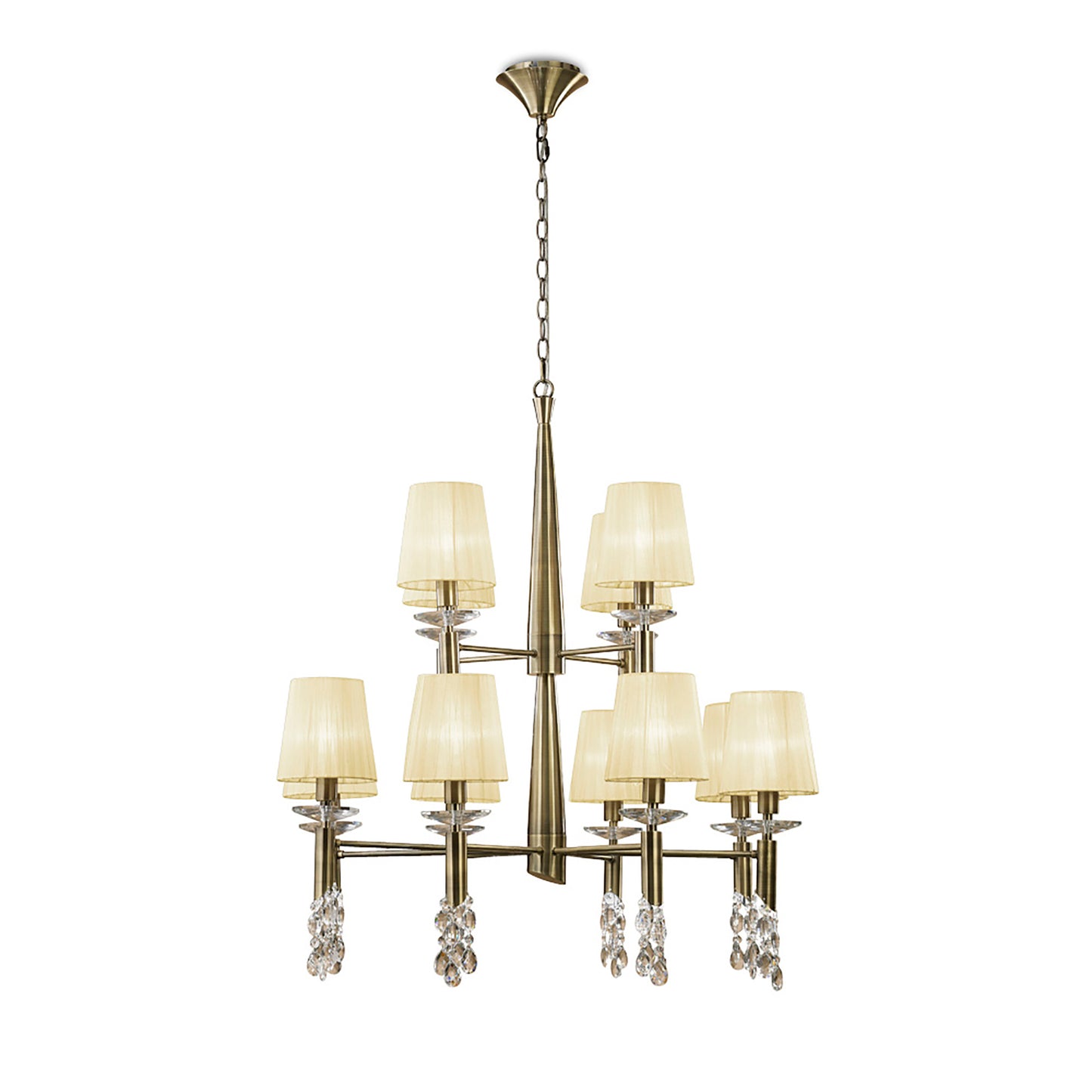 Tiffany Pendant 2 Tier 12+12 Light E14+G9, Antique Brass With Cream Shades & Clear Crystal by Mantra