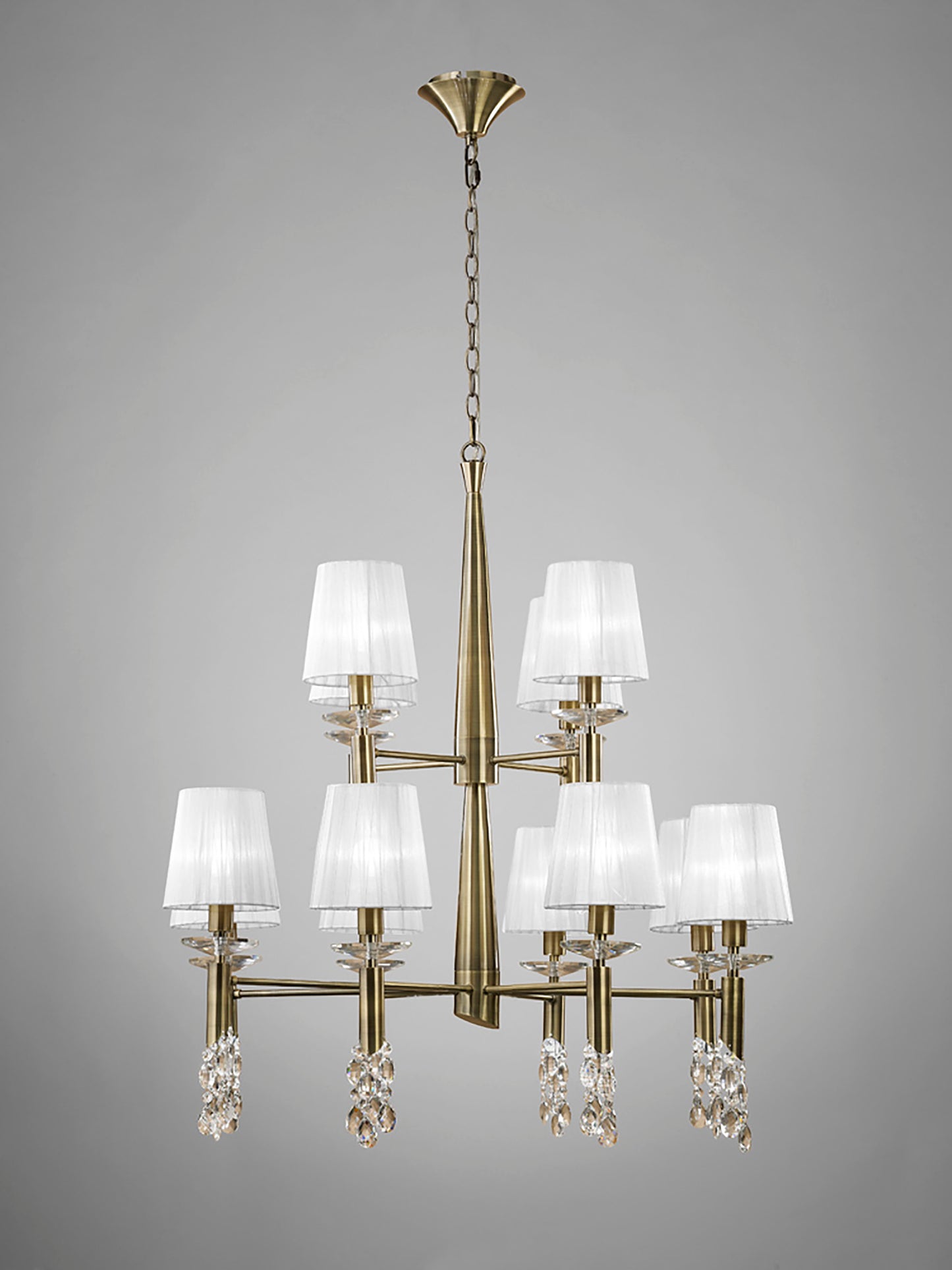 Tiffany Pendant 2 Tier 12+12 Light E14+G9, Antique Brass With White Shades & Clear Crystal by Mantra