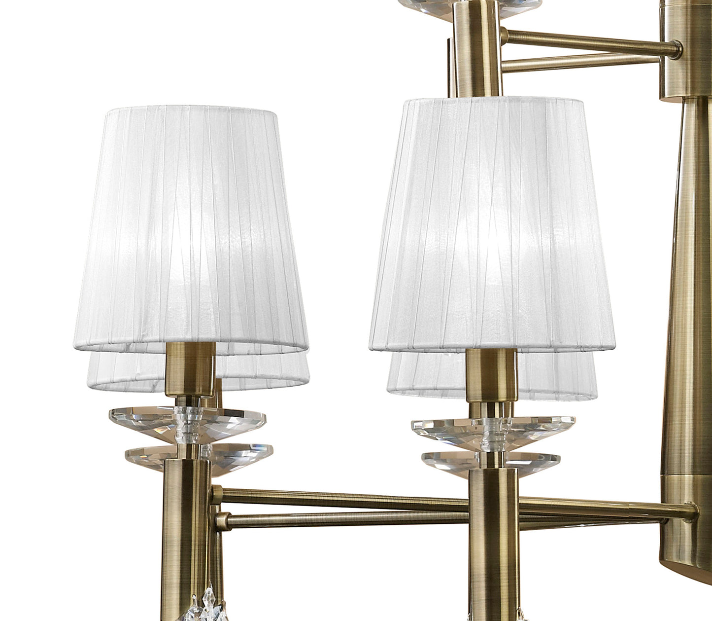 Tiffany Pendant 2 Tier 12+12 Light E14+G9, Antique Brass With White Shades & Clear Crystal by Mantra