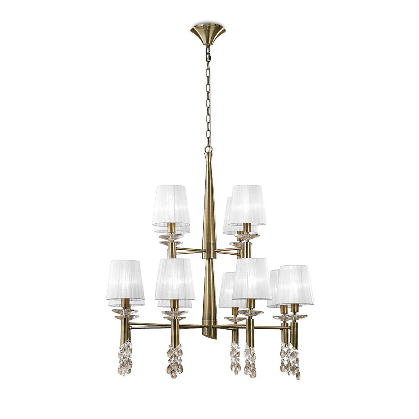 Tiffany Pendant 2 Tier 12+12 Light E14+G9, Antique Brass With White Shades & Clear Crystal by Mantra