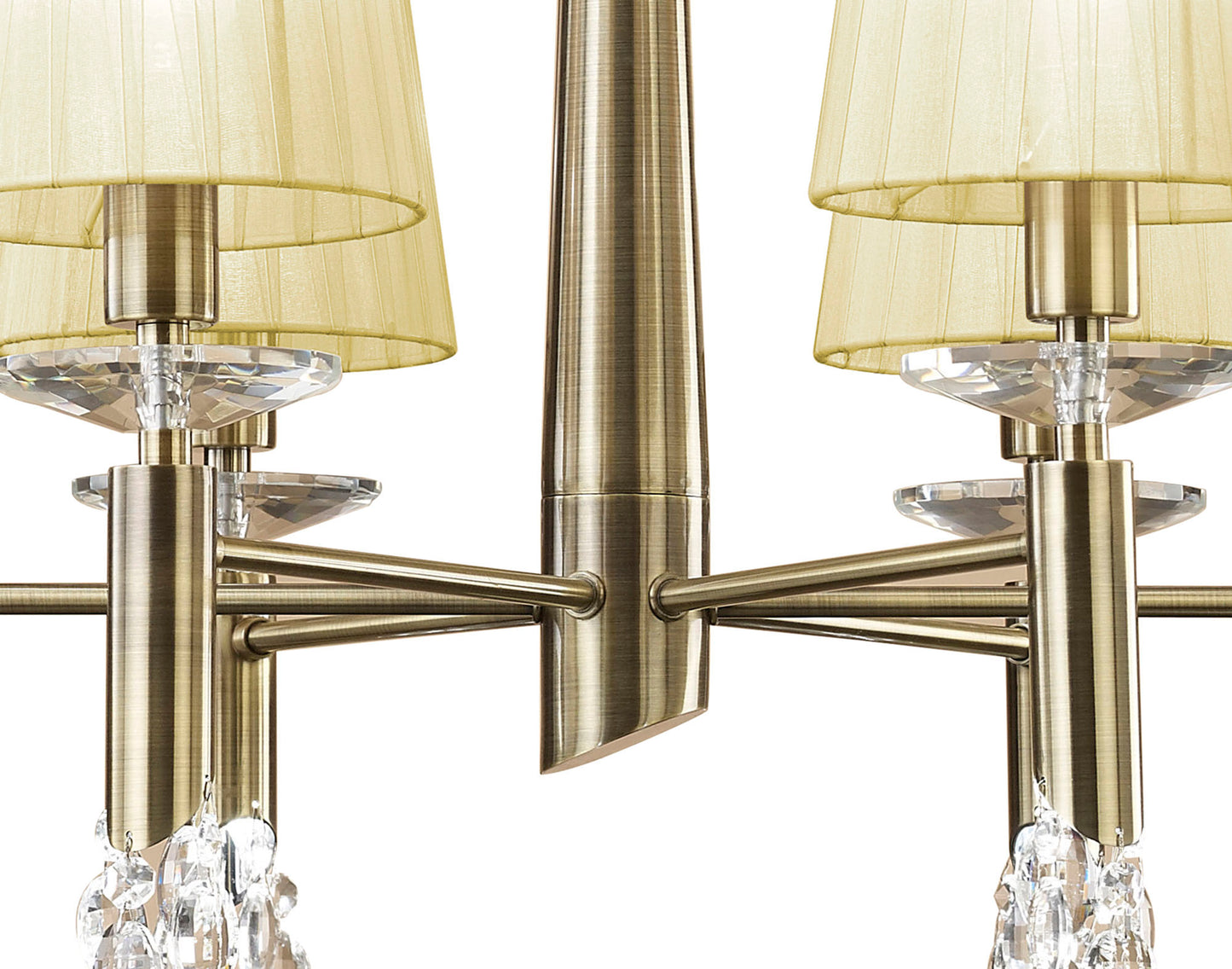 Tiffany Pendant 6+6 Light E14+G9, Antique Brass With Cream Shades & Clear Crystal by Mantra