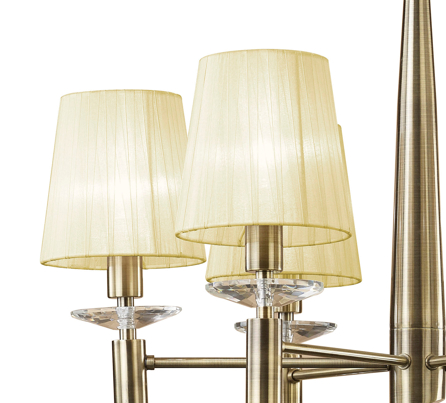 Tiffany Pendant 6+6 Light E14+G9, Antique Brass With Cream Shades & Clear Crystal by Mantra