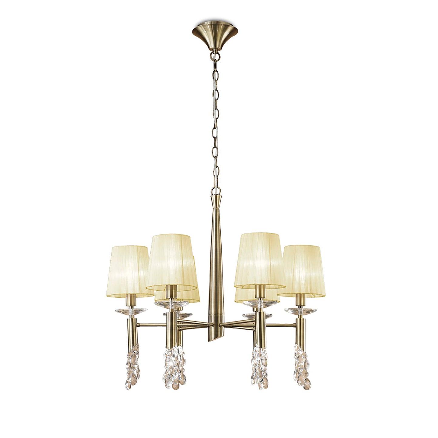 Tiffany Pendant 6+6 Light E14+G9, Antique Brass With Cream Shades & Clear Crystal by Mantra