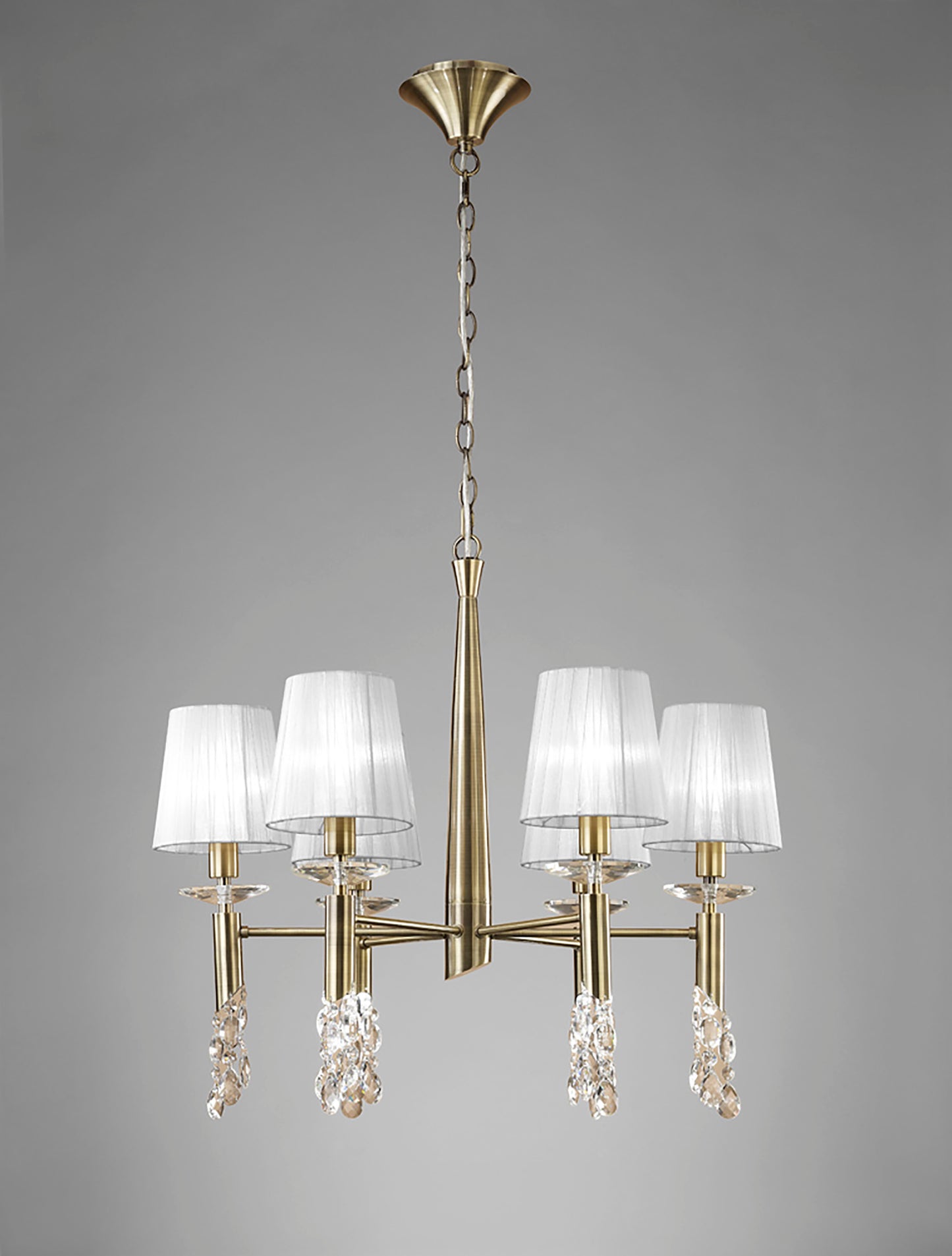 Tiffany Pendant 6+6 Light E14+G9, Antique Brass With White Shades & Clear Crystal by Mantra